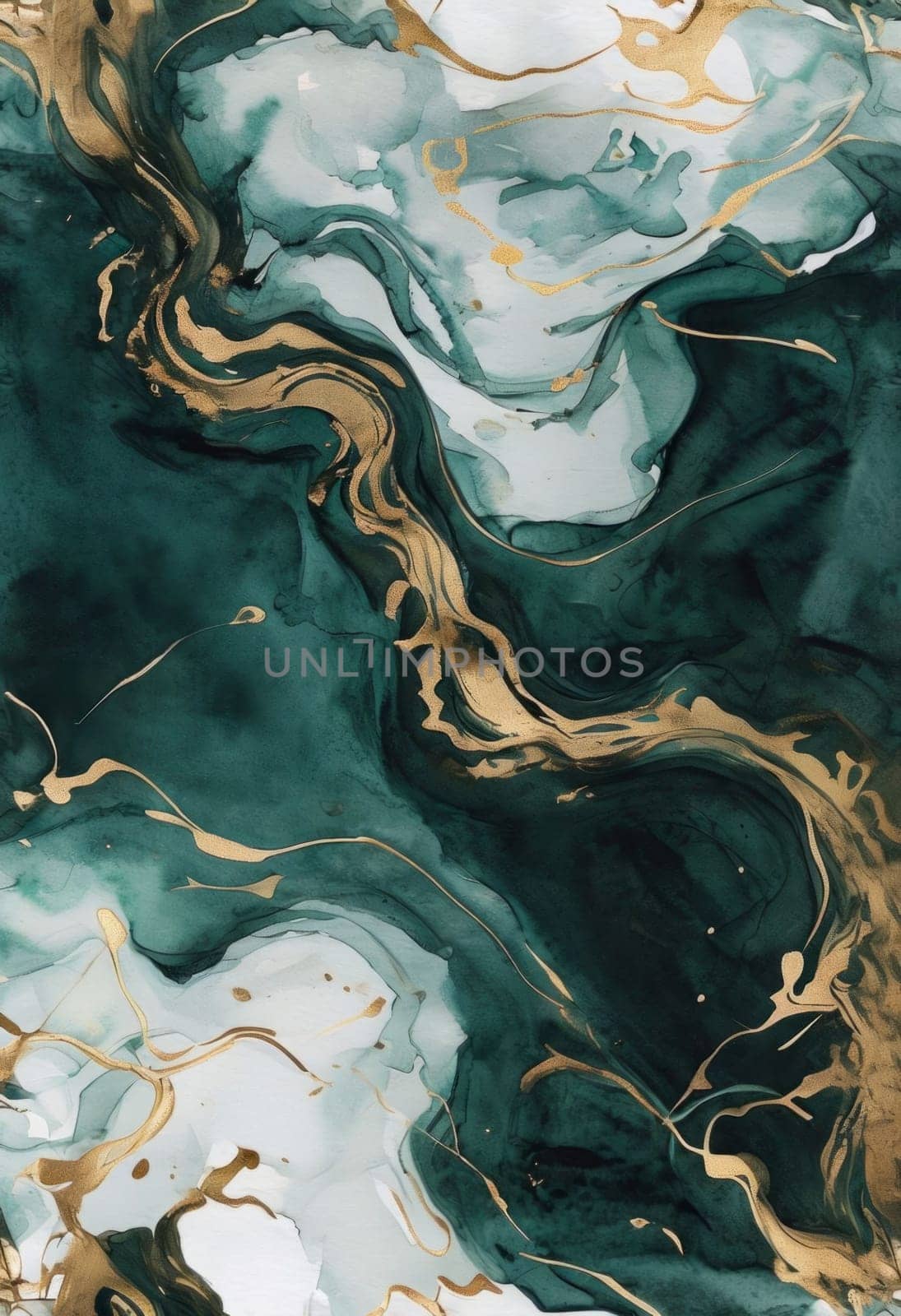 Stunning abstract design featuring swirling patterns in lush green and radiant gold accents. Harmonious flow and elegant textures evoke creativity, ideal for contemporary art lovers, stylish interiors