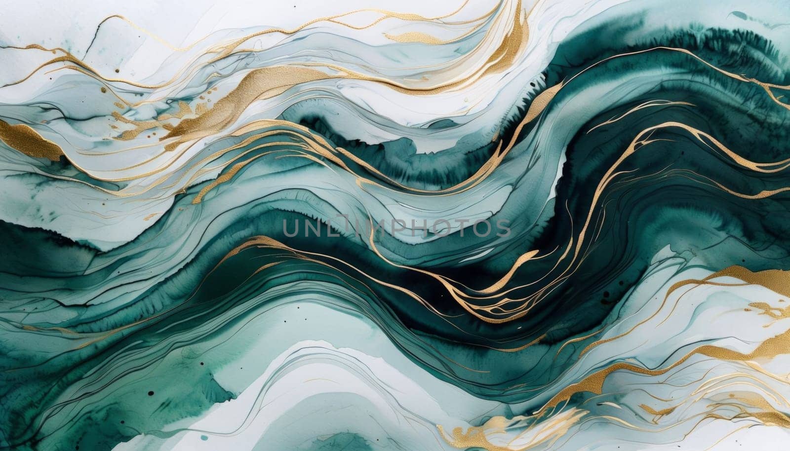 Stunning abstract design featuring swirling patterns in lush green and radiant gold accents. Harmonious flow and elegant textures evoke creativity, ideal for contemporary art lovers, stylish interiors