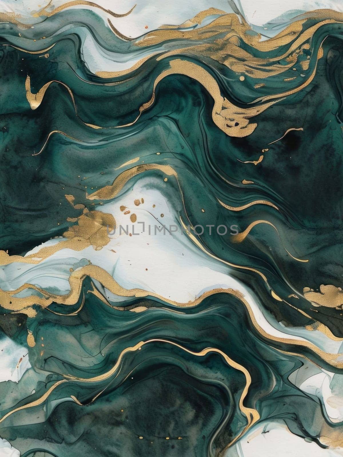 Stunning abstract design featuring swirling patterns in lush green and radiant gold accents. Harmonious flow and elegant textures evoke creativity, ideal for contemporary art lovers, stylish interiors