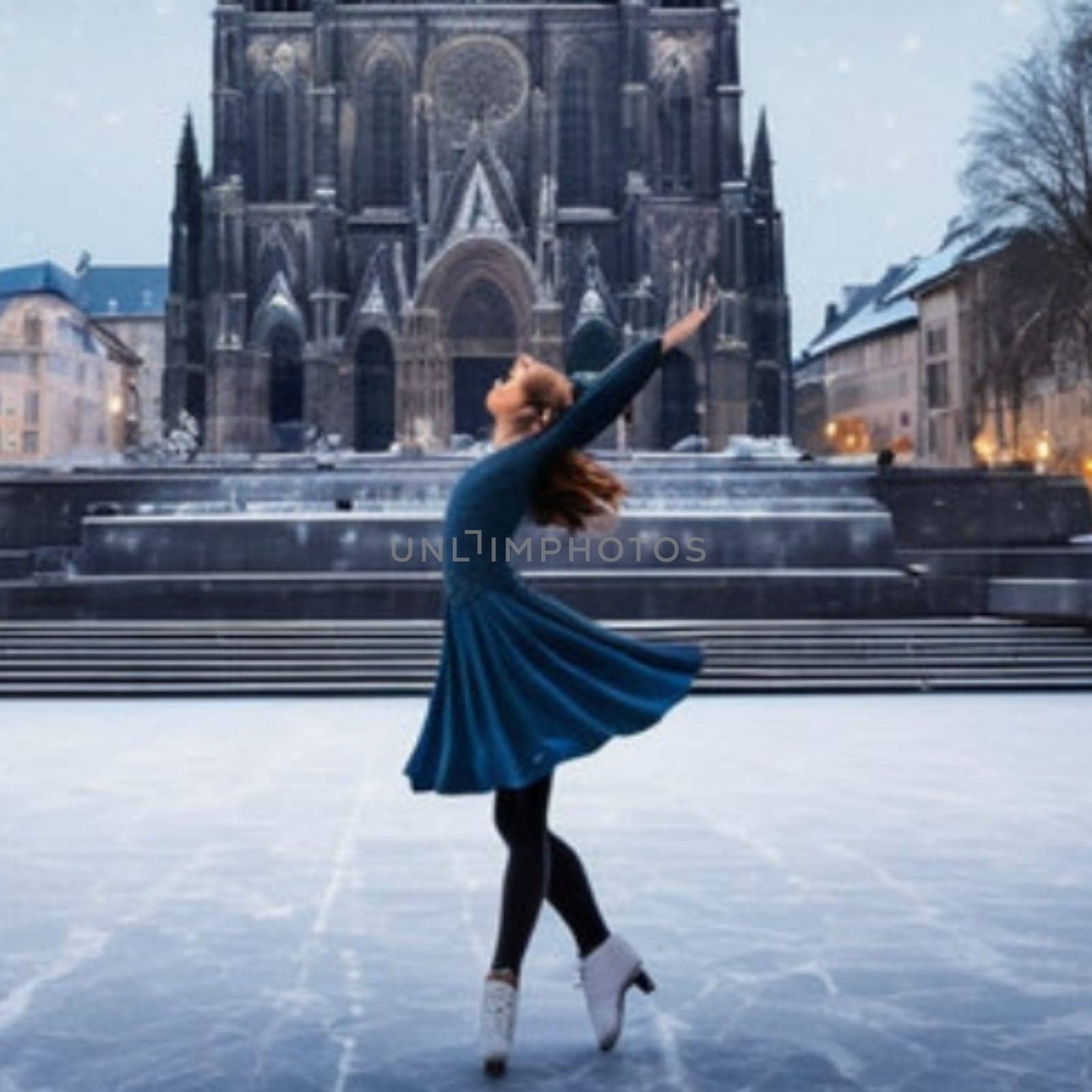 city ​​square in winter, cathedral sculpture architecture art. High quality photo