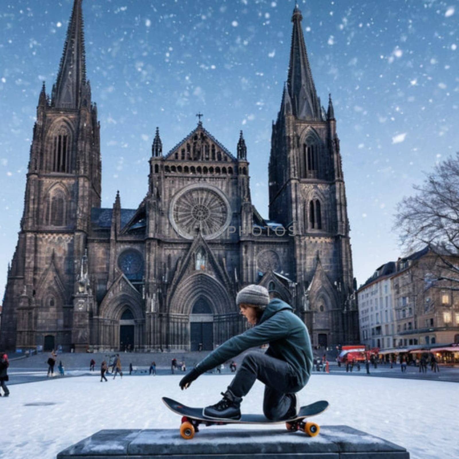 city ​​square in winter, cathedral sculpture architecture art. High quality photo