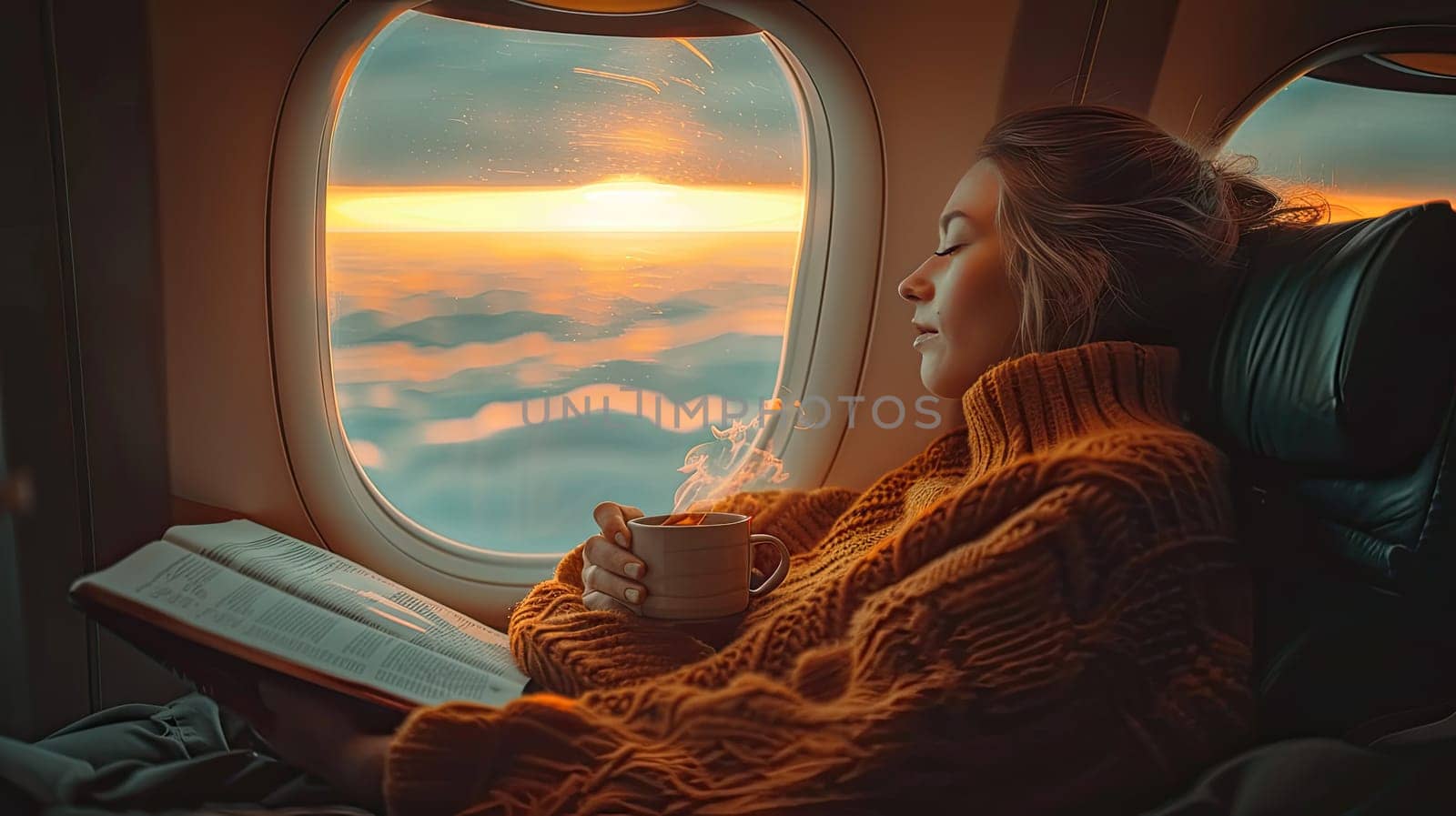 A serene traveler finds joy as they savor a good book and tea while on an airplane, gazing at a stunning sunset