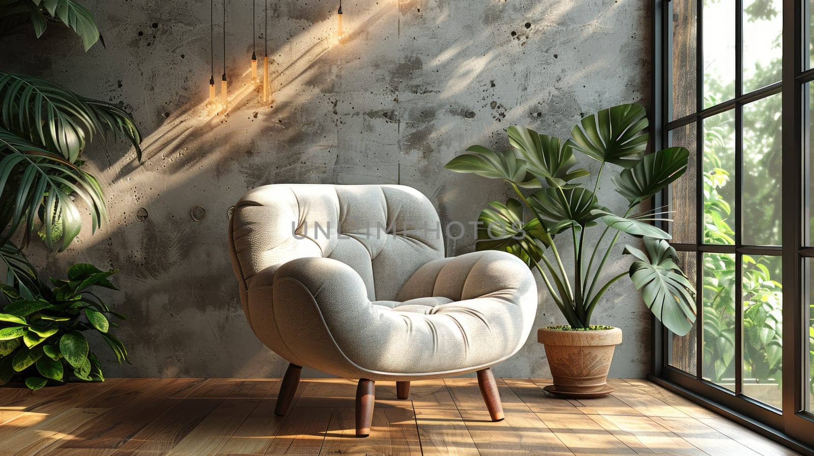 A stylish corner with a soft chair, vibrant plants, and warm lighting for a serene, tranquil atmosphere