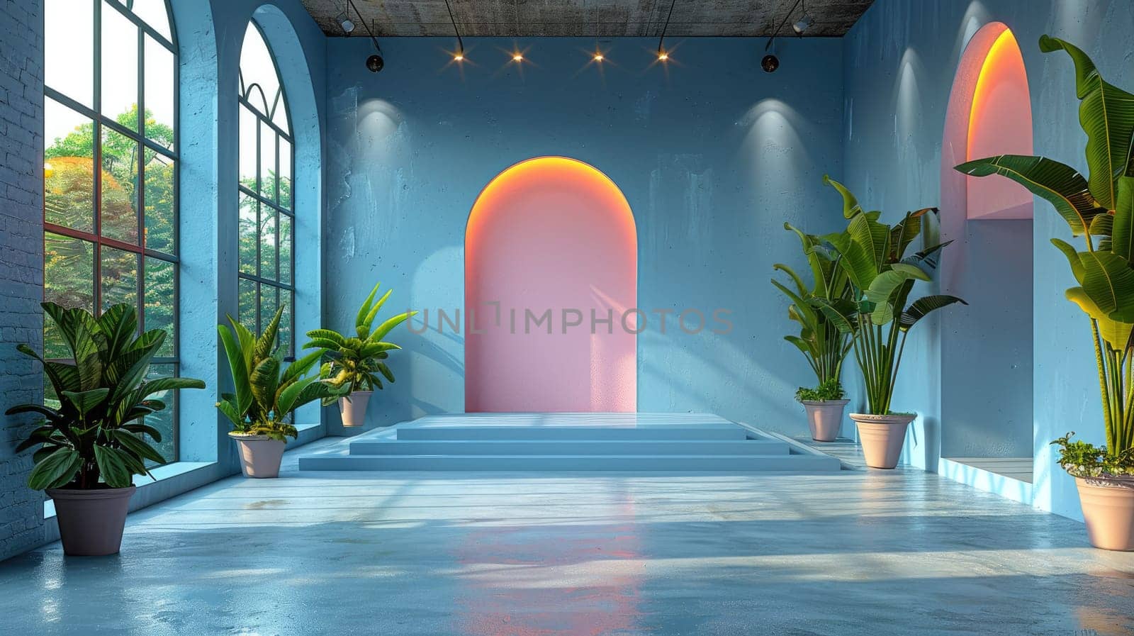 A vibrant and modern interior design showcasing lush plants, stunning arches, and warm, soft lighting effects