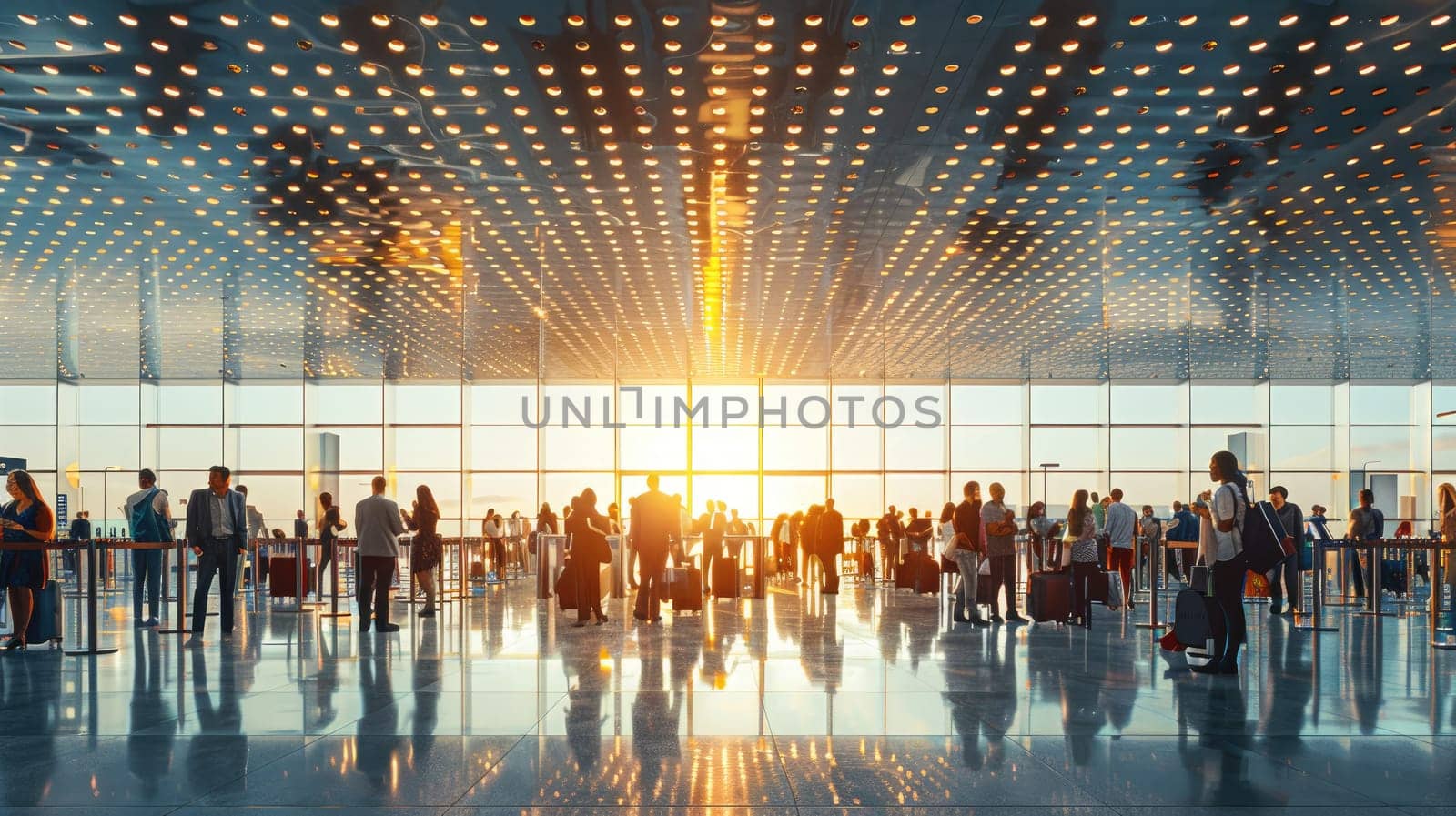 A bustling airport terminal capturing commuters waiting at sunset, vibrant atmosphere, and reflections.