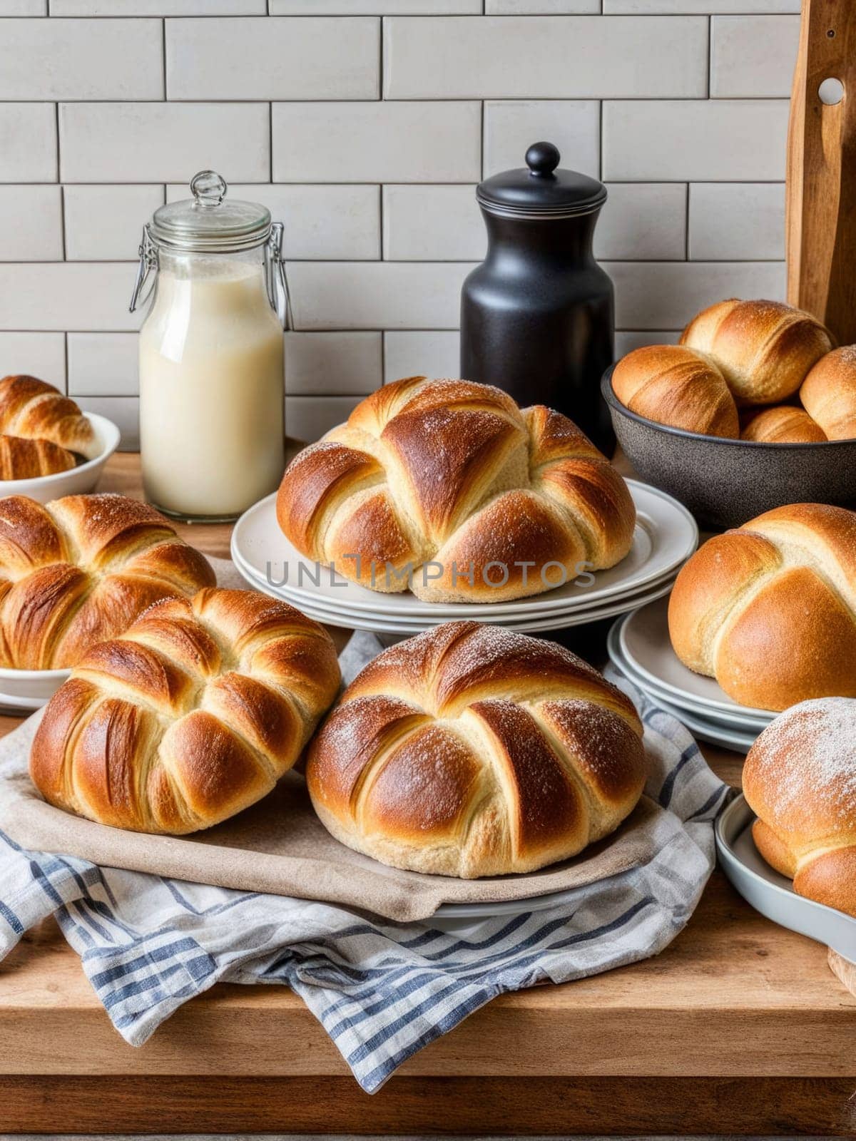 Freshly baked croissants arranged beautifully on wooden board. Golden-brown crusts glisten, inviting bites of soft, fluffy interiors. Perfect for breakfast or brunch settings