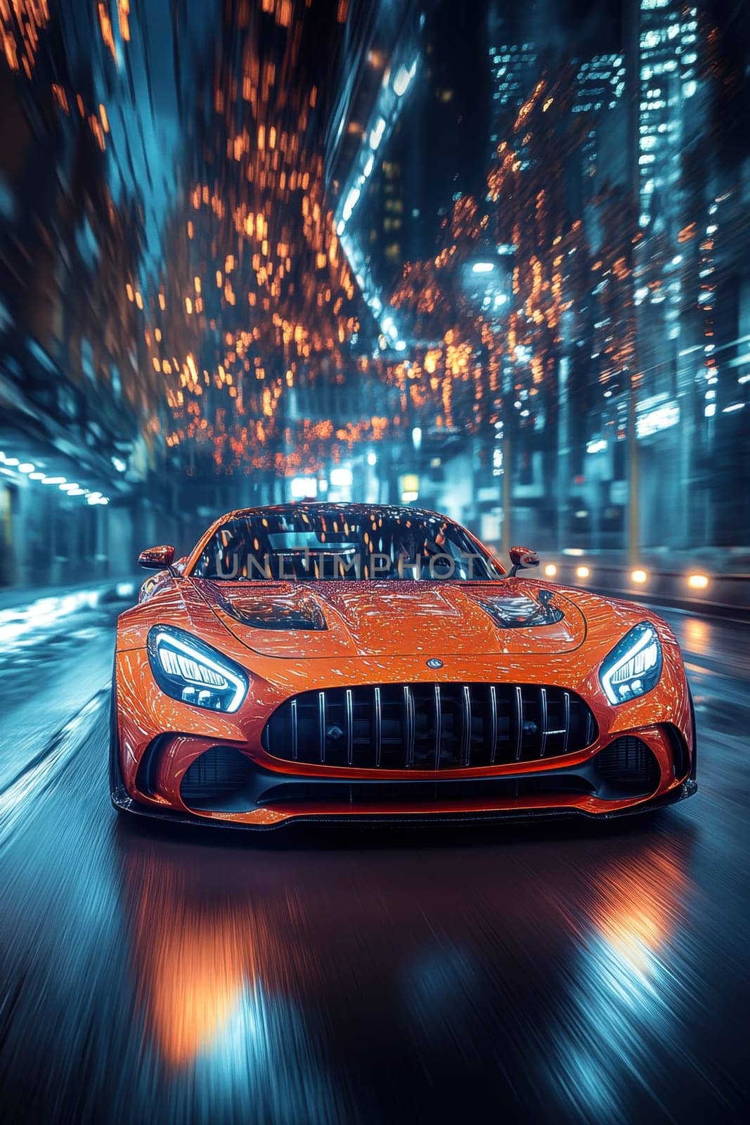 A fast-moving orange sports car on a night road in the city. A sports car in motion on a night road.