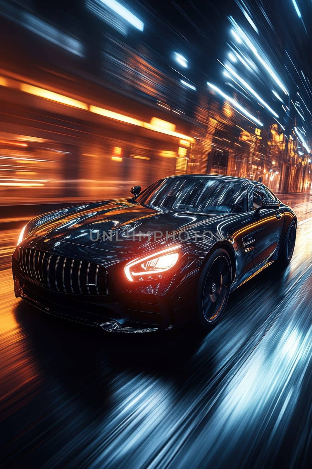 A black sports car drives fast on a city night road.