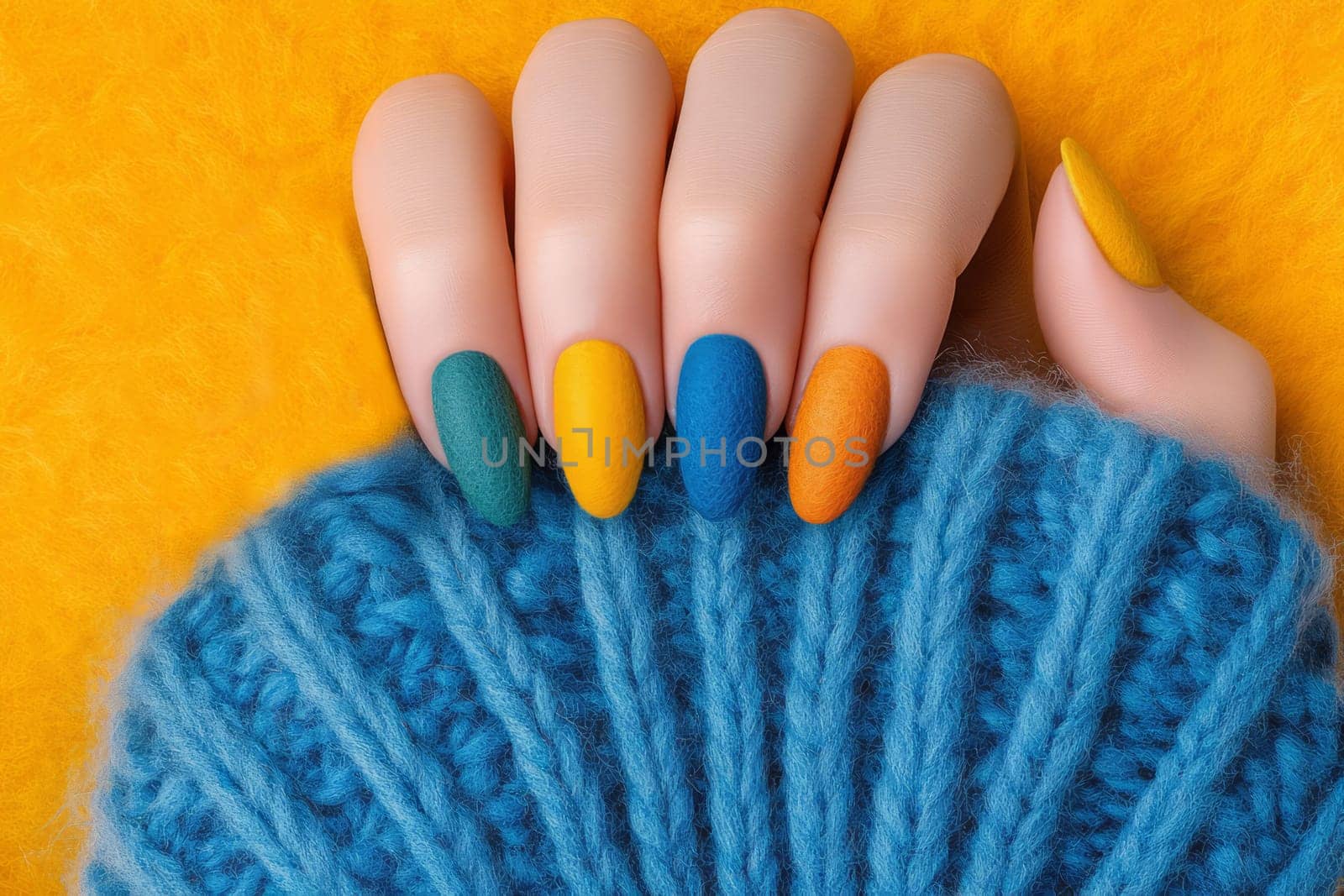 Manicure with wool of different colors yellow background