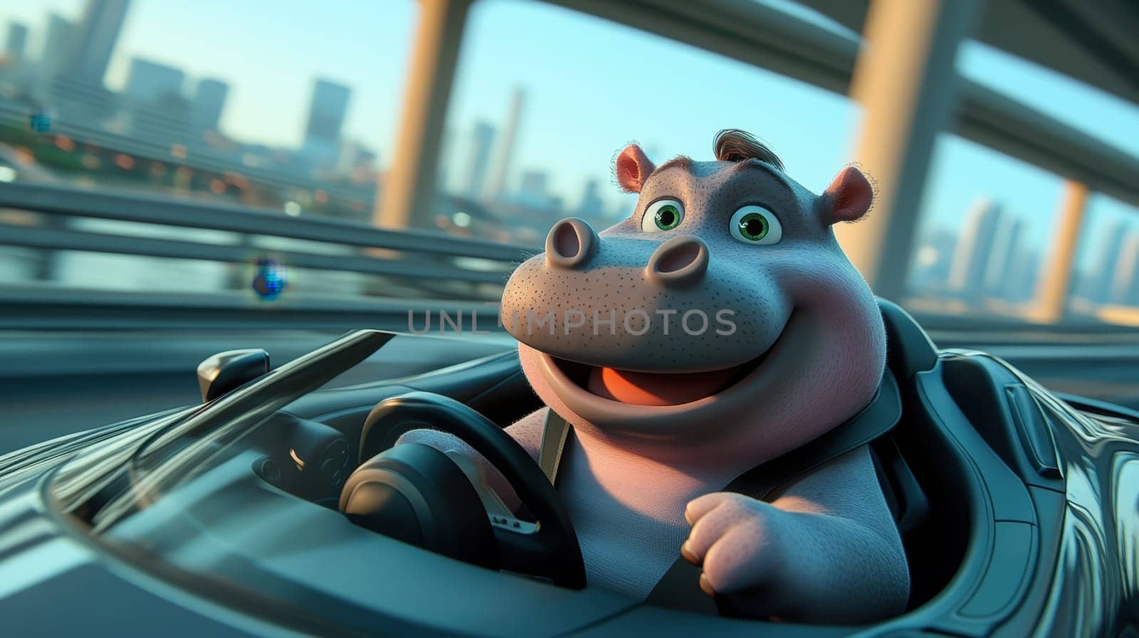 A hippo sits behind the wheel of a race car and competes in a championship race.