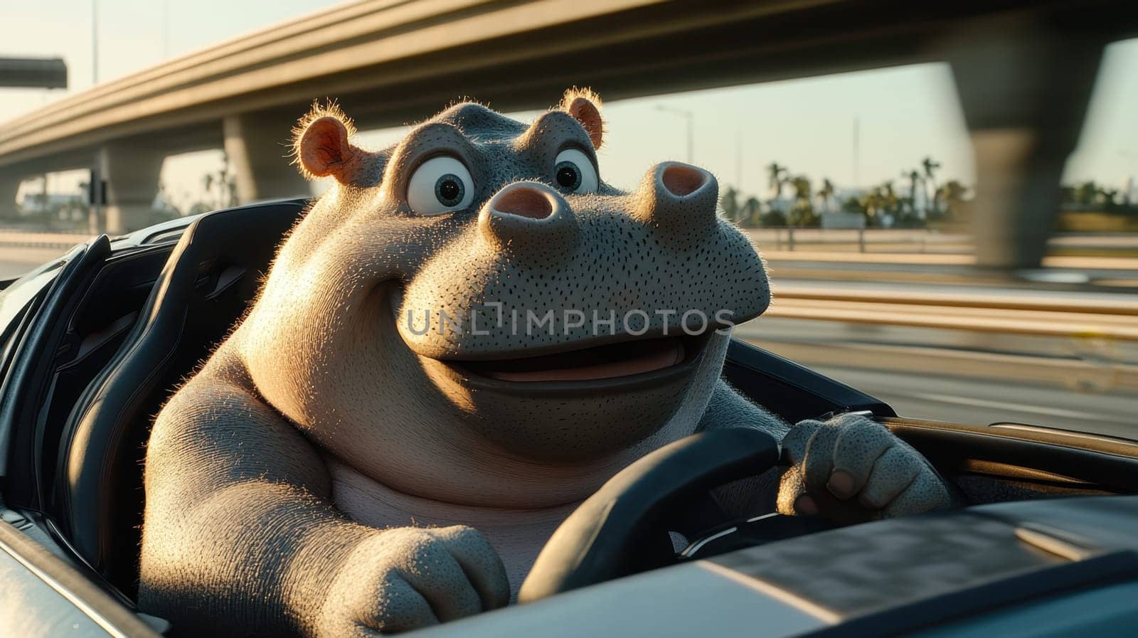A hippo sits behind the wheel of a race car and competes in a championship race.