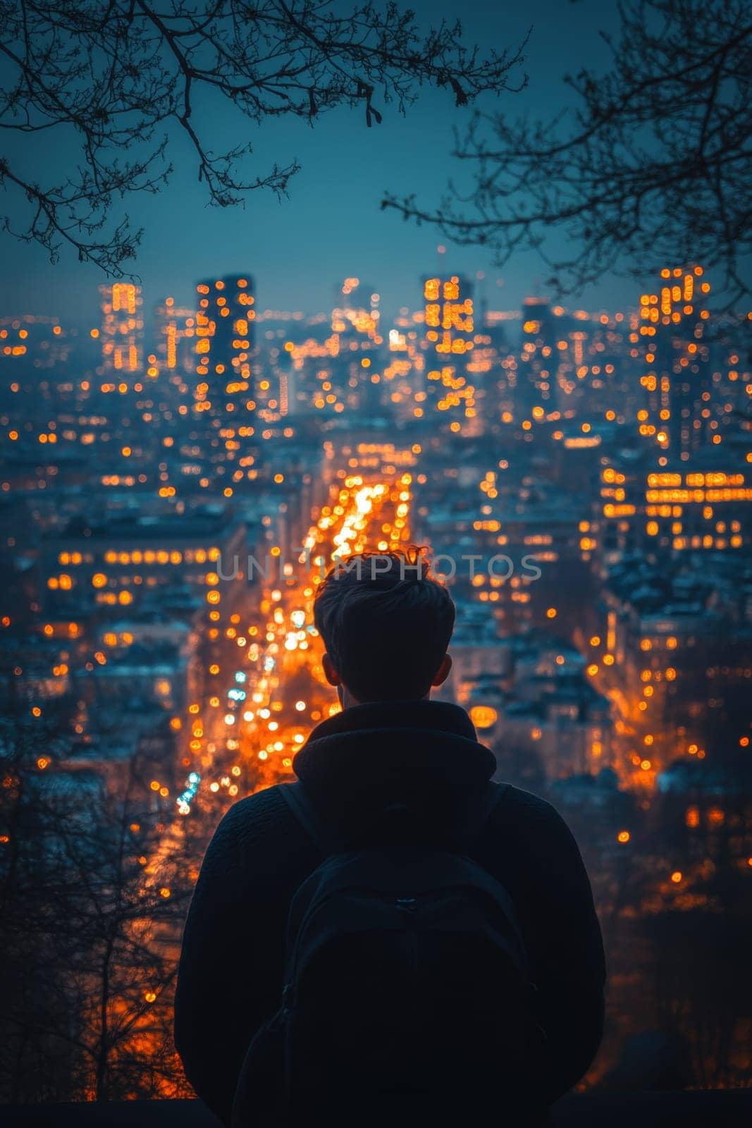 Silhouette of a man against the background of a city at night.