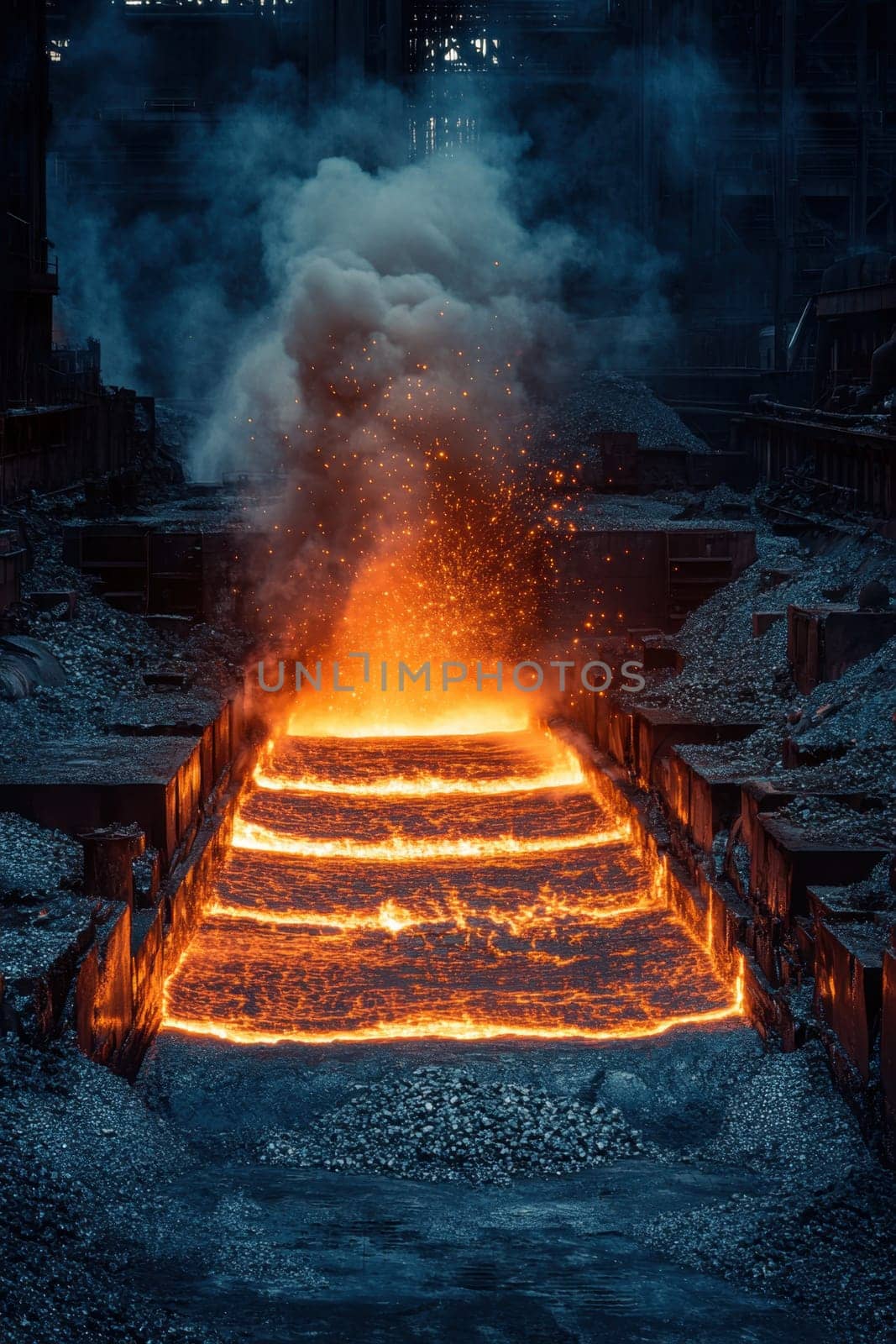 The red-hot metal goes along the conveyor at the metallurgical plant. hot steel on the conveyor.
