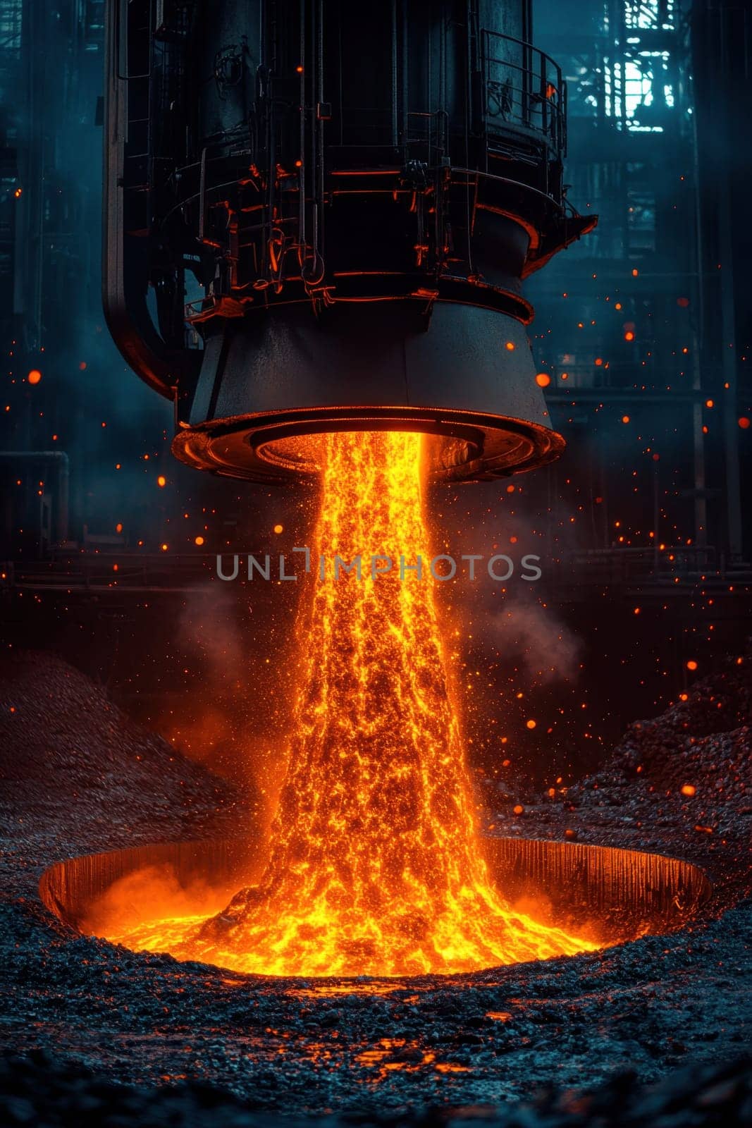 Blast furnace operation at a metallurgical plant. Steel industry.