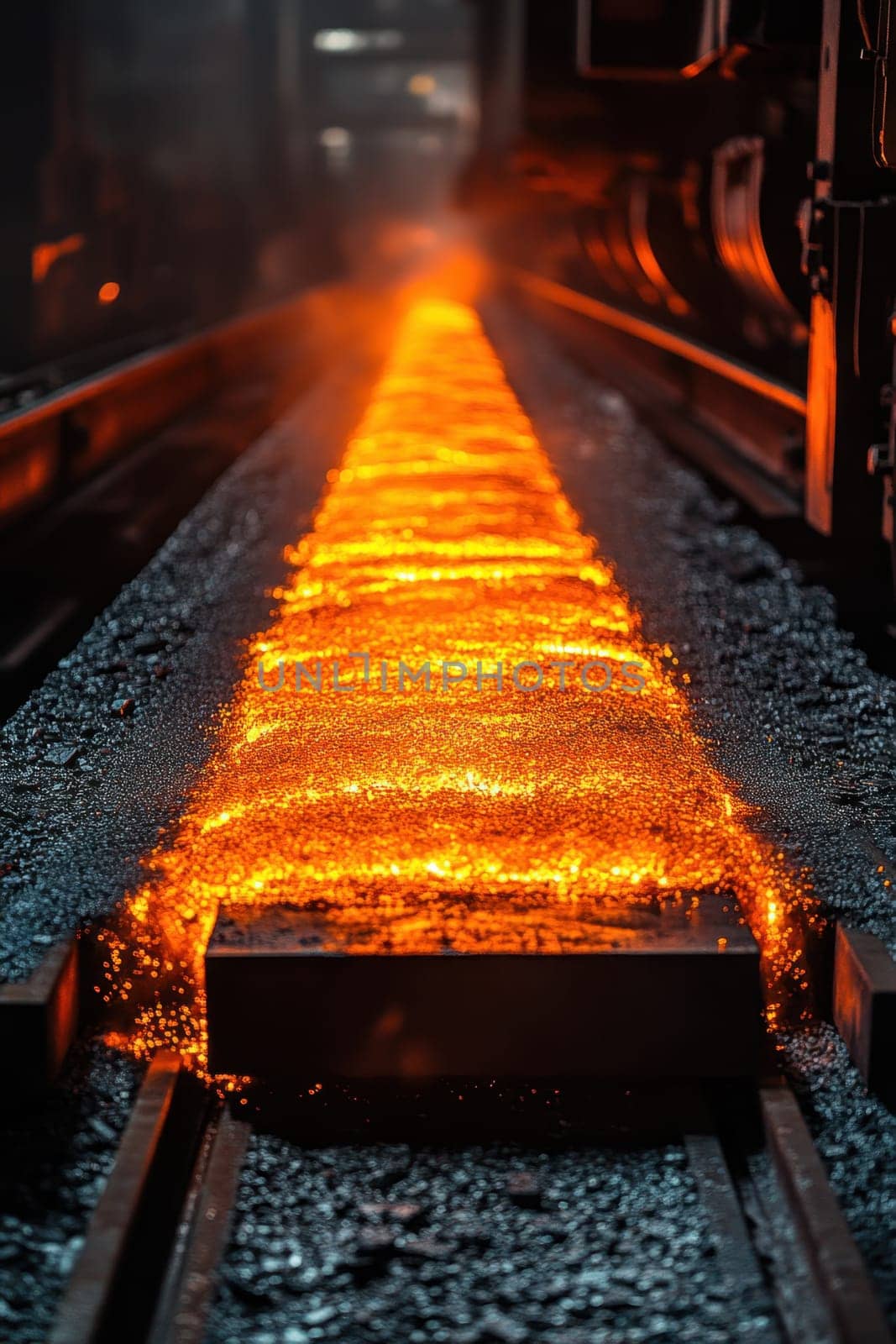 The red-hot metal goes along the conveyor at the metallurgical plant. hot steel on the conveyor.