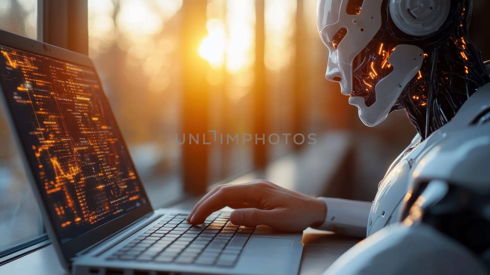 A robot typing on a keyboard in the background of the sunset outside the window. Robot Writing a Letter on a Laptop Keyboard.