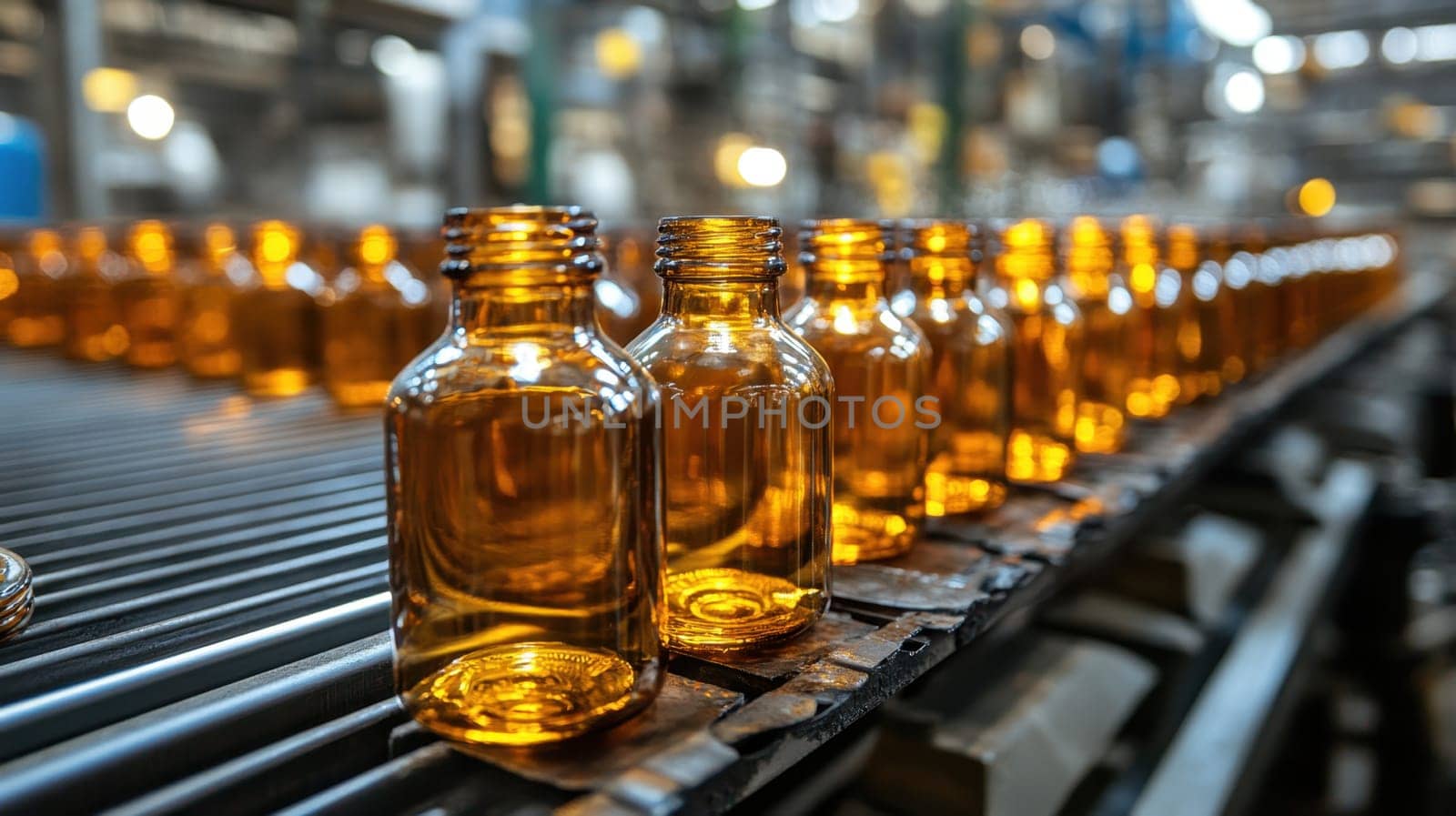Production of glass products at a Glass factory, industrial production of glass containers. A batch of beverage bottles. Technological work at the factory.
