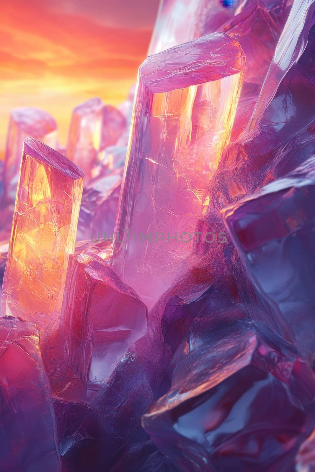Purple colored ice crystals. Layers of cracked ice texture. Banner background.