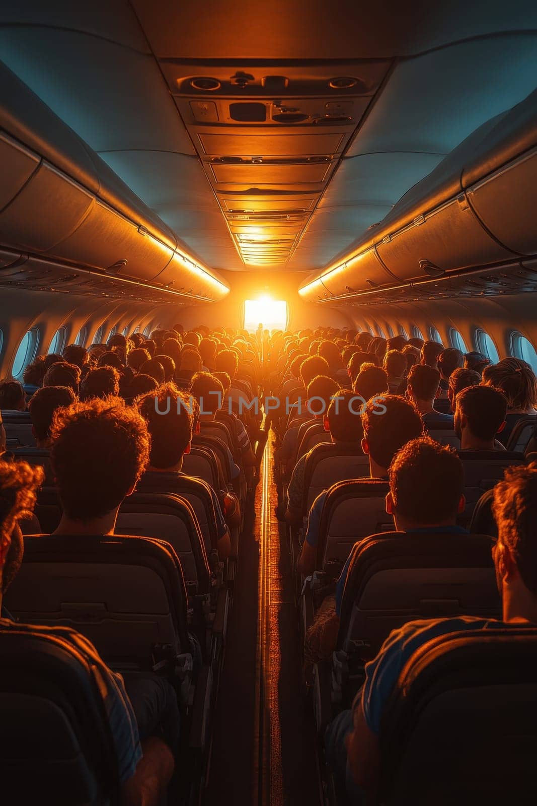 Happy airplane passengers relax and unwind during the flight. The concept of travel.