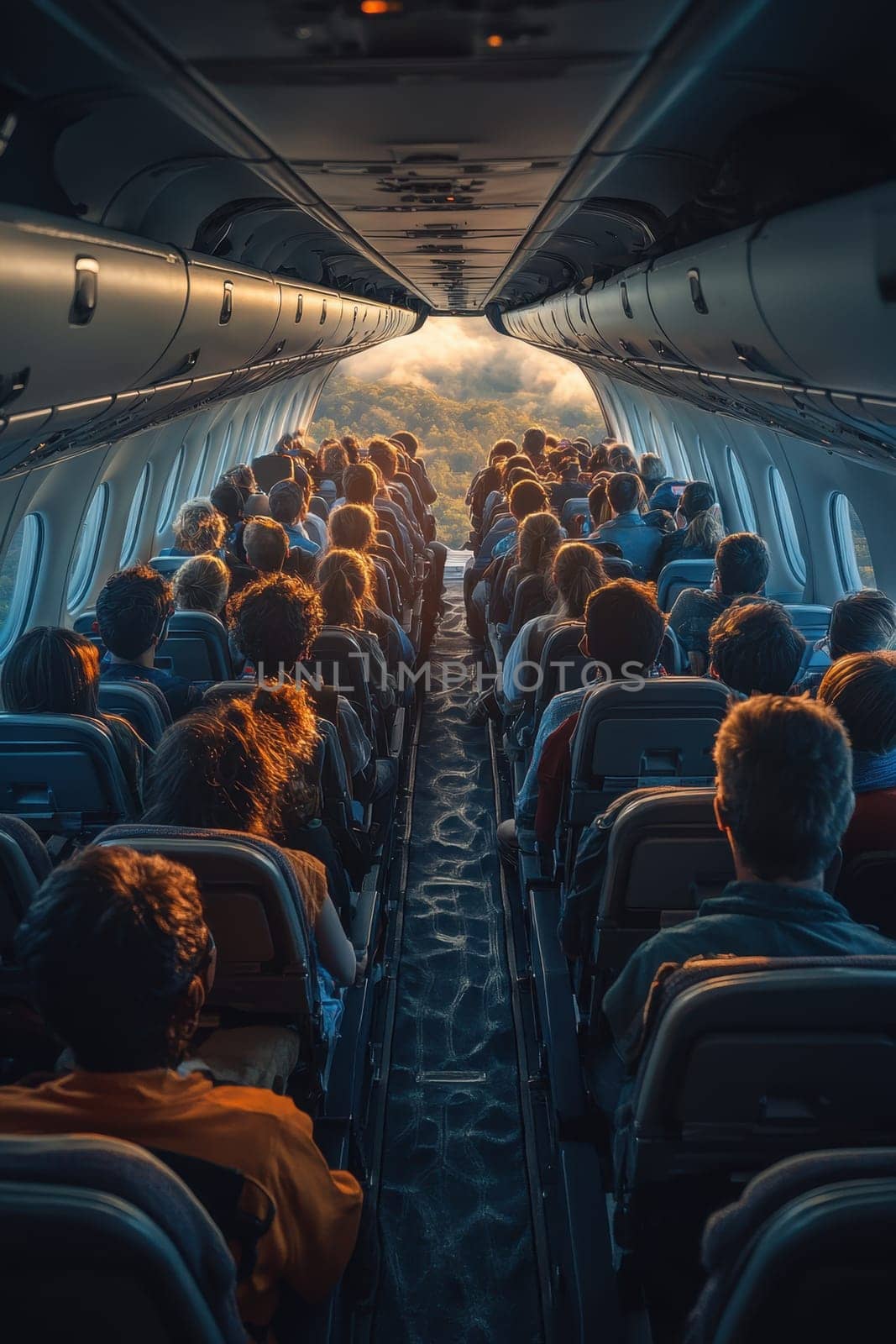 Happy airplane passengers relax and unwind during the flight. The concept of travel.