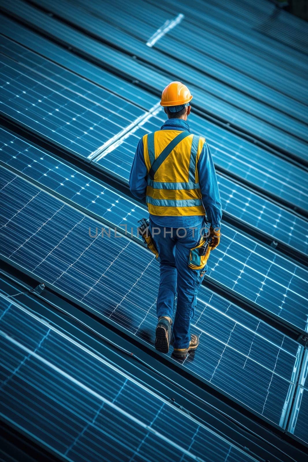 An engineer checks the solar panels on the roof of the building. Eco-technology for using renewable energy sources.