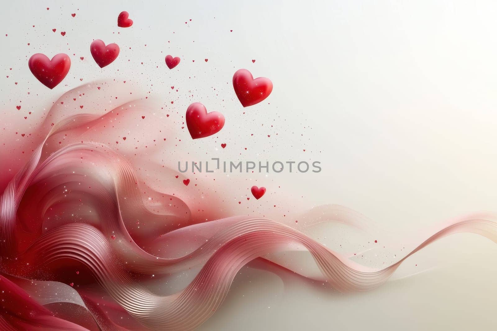 Red hearts and wavy lines on white isolated background . Valentine's Day Background.