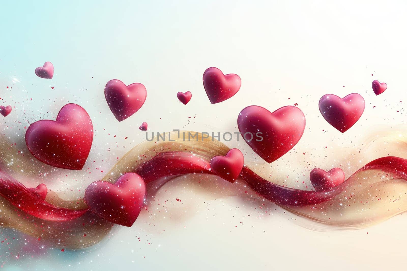 Red hearts and wavy lines on white isolated background . Valentine's Day Background.