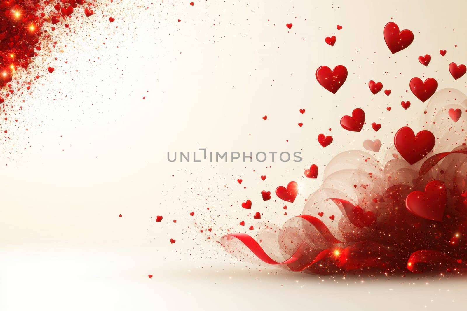 Red hearts and wavy lines on white isolated background . Valentine's Day Background.