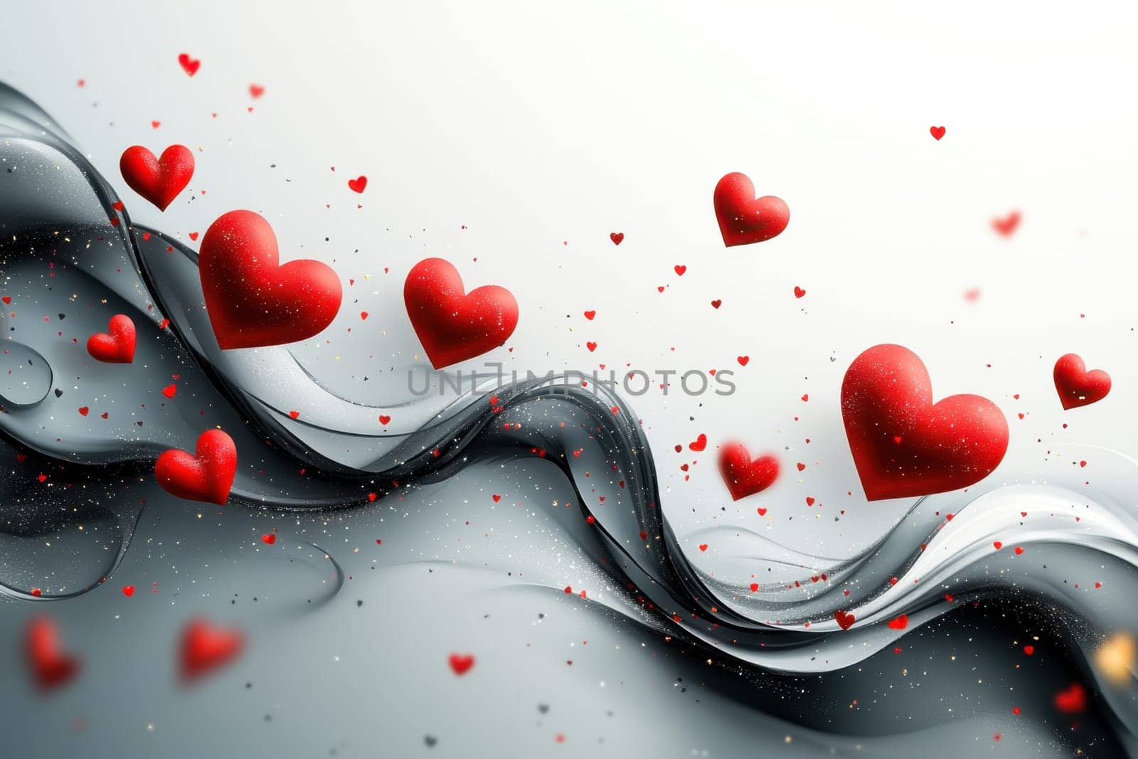 Red hearts and wavy lines on white isolated background . Valentine's Day Background.