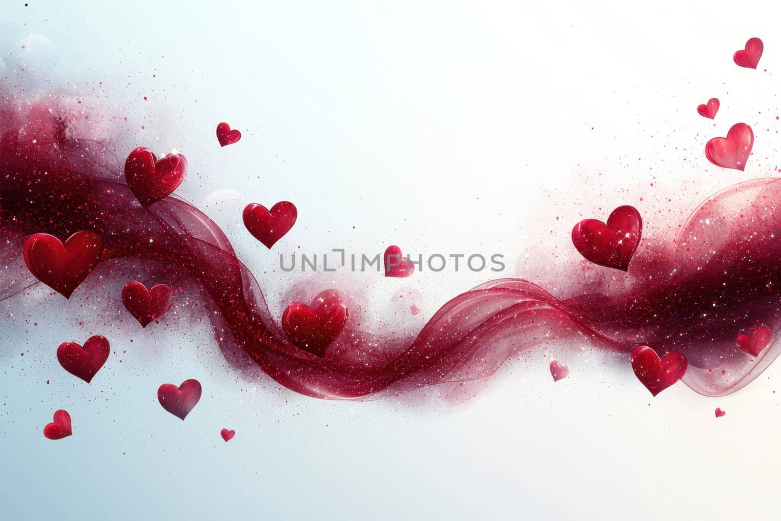 Red hearts and wavy lines on white isolated background . Valentine's Day Background.