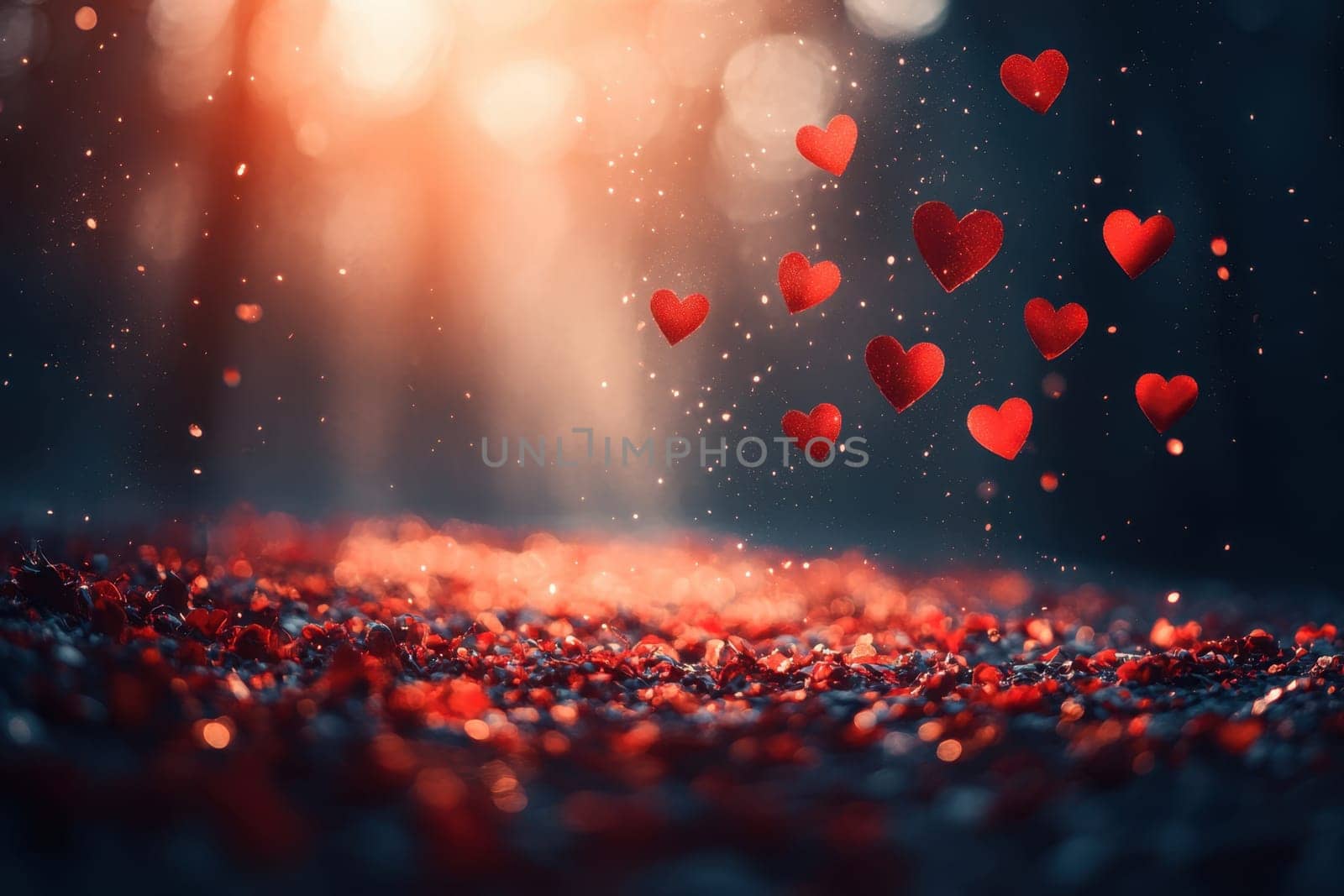 Red hearts on a magical blurred background. Background for Valentine's Day.
