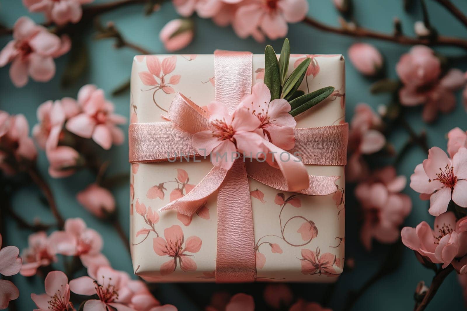 Pink gift box with pink ribbon on the table decorated with flowers. Perfect for Valentine's Day or romantic celebrations.