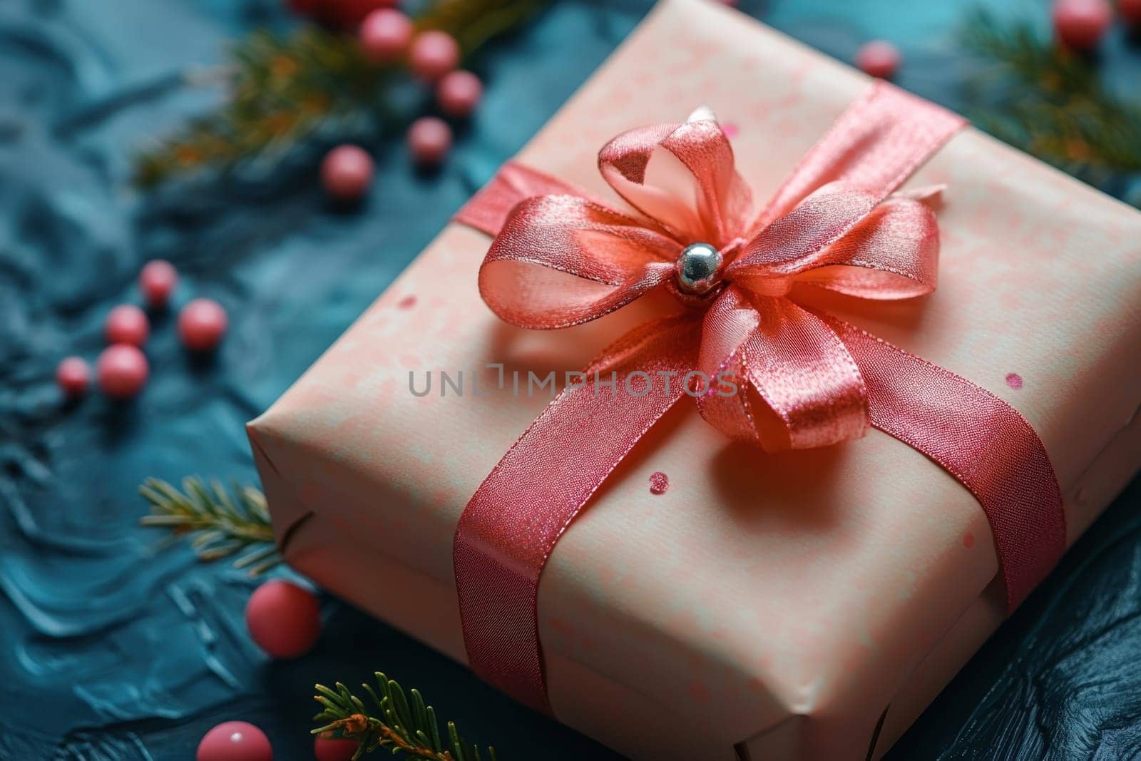 Pink gift box with pink ribbon on the table decorated with flowers. Perfect for Valentine's Day or romantic celebrations.