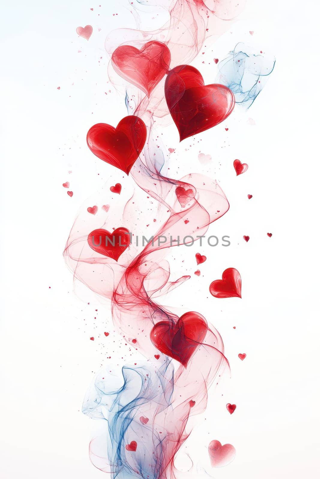 Red hearts and wavy lines on white isolated background . Valentine's Day Background.