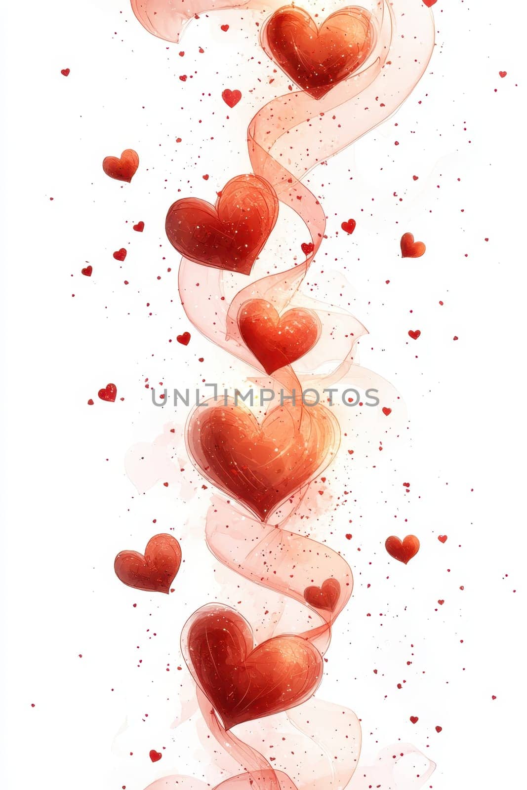 Red hearts and wavy lines on white isolated background . Valentine's Day Background.