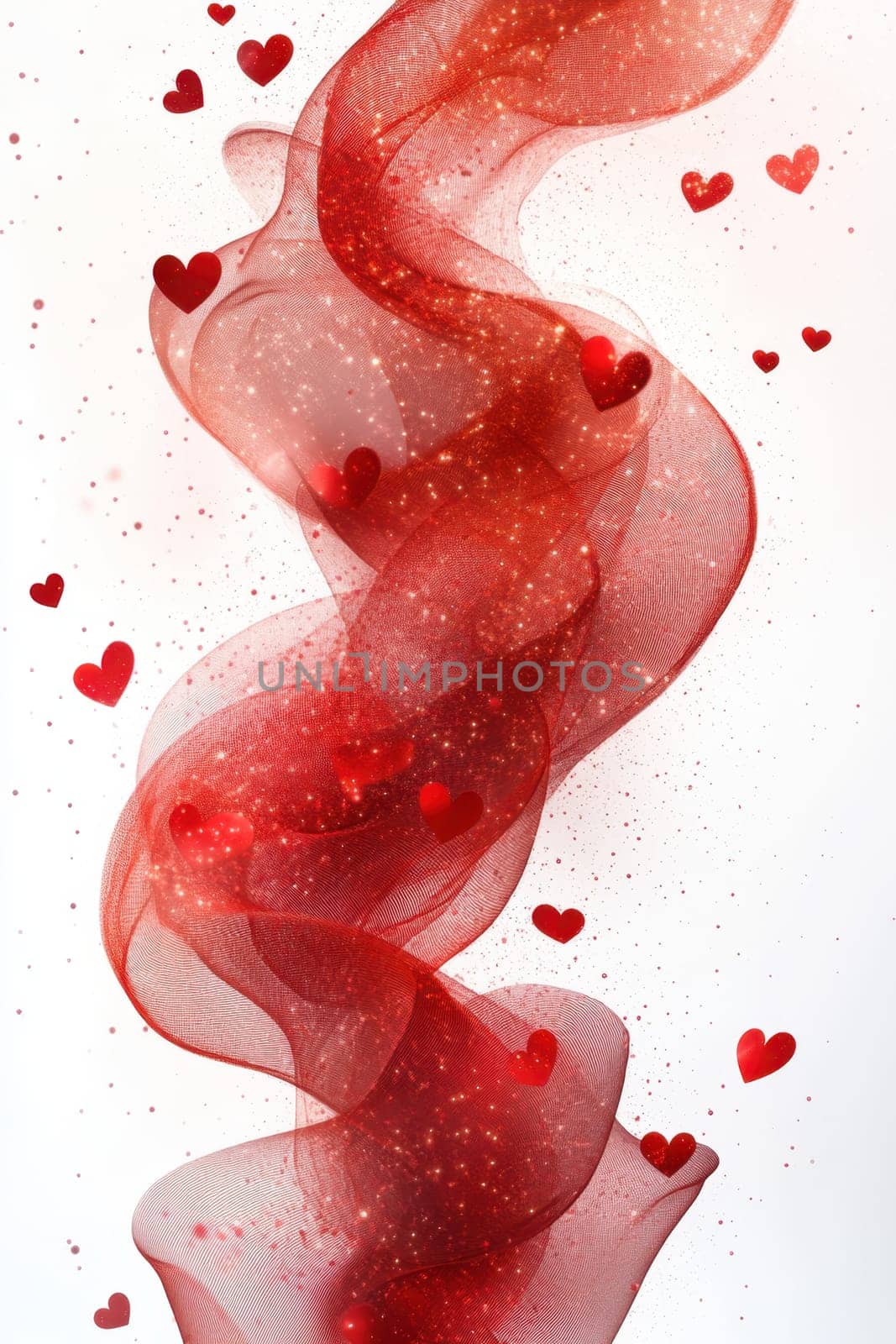 Red hearts and wavy lines on white isolated background . Valentine's Day Background.