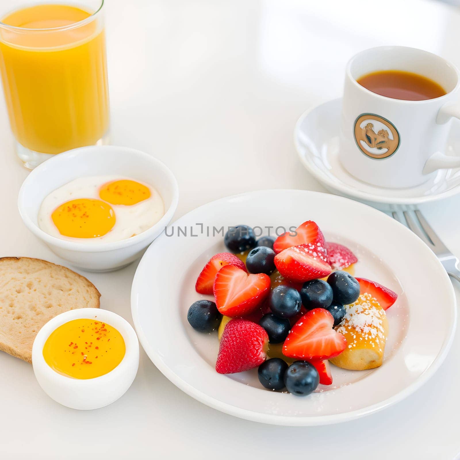 american breakfast food scrambled eggs plates table fruits and juice. High quality photo