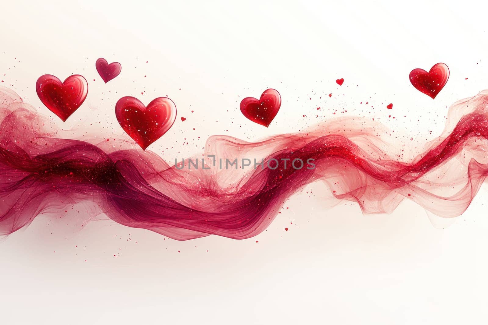 Red hearts and wavy lines on white isolated background . Valentine's Day Background.