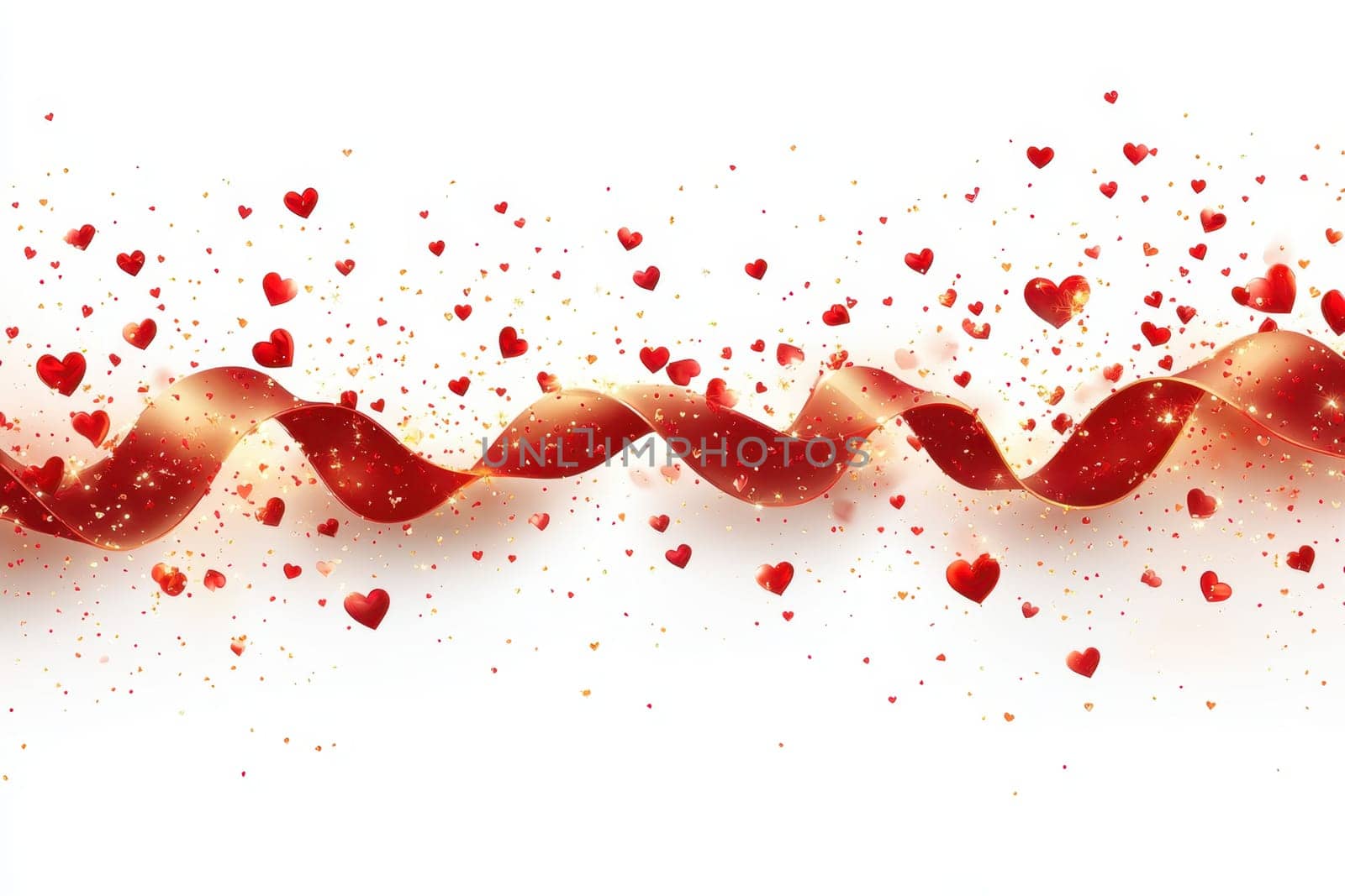 Red hearts and wavy lines on white isolated background . Valentine's Day Background.