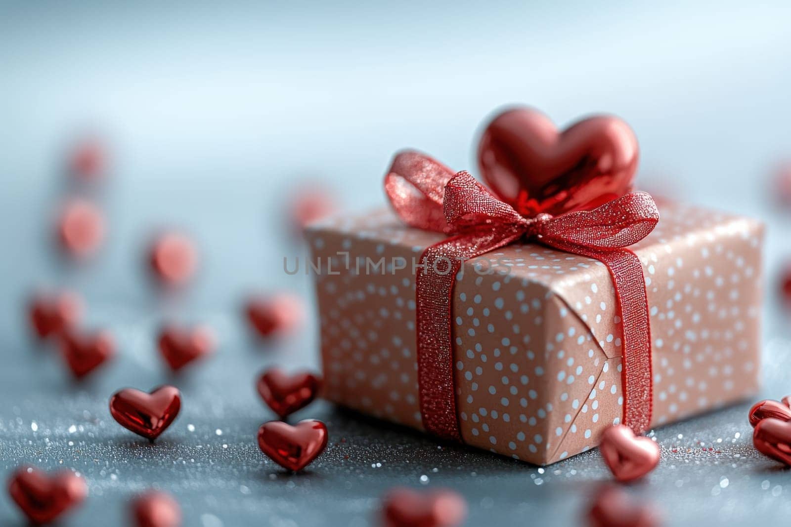 White gift box with red ribbon on the table surrounded by heart shaped ornaments. Perfect for Valentine's Day or romantic holidays.