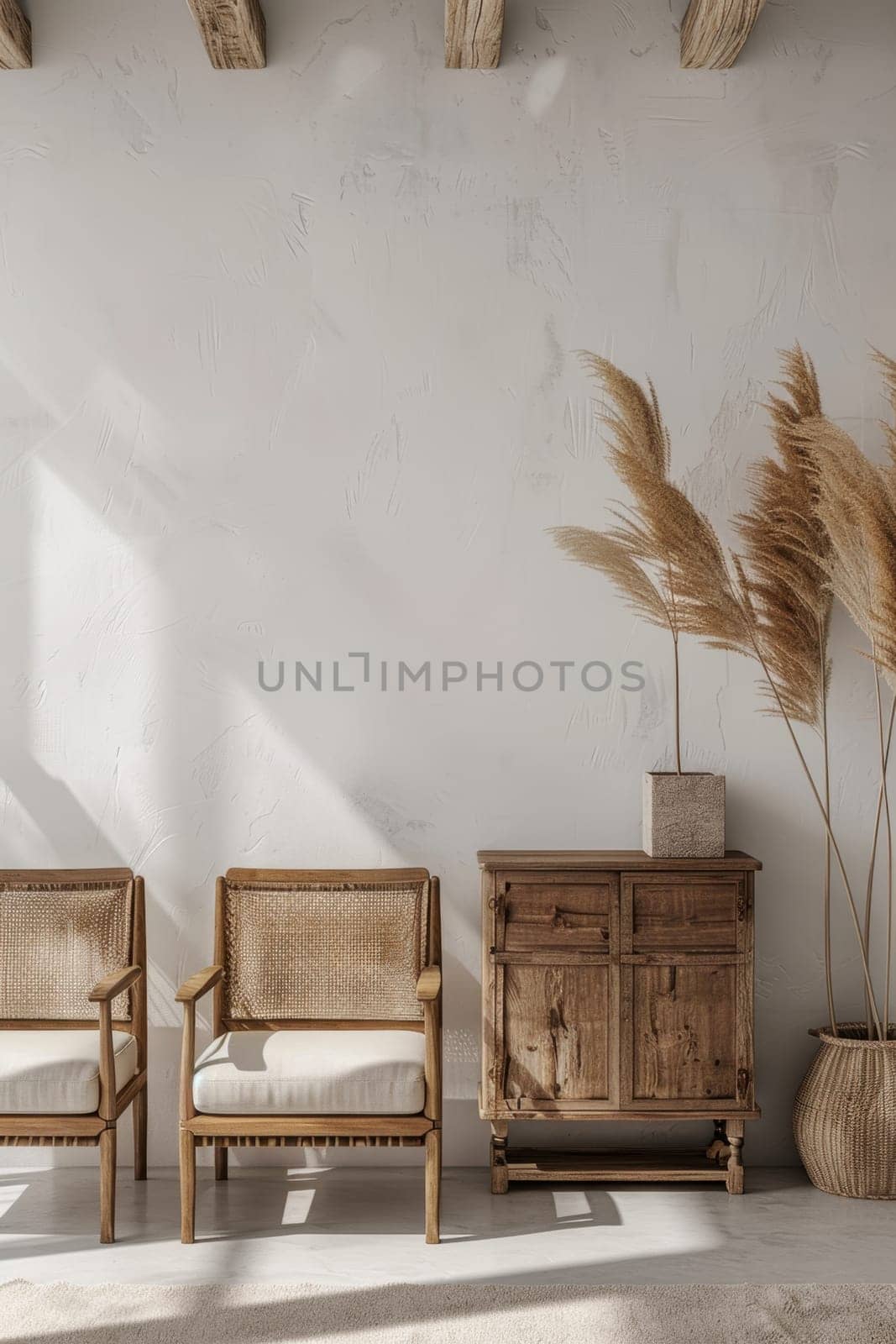 Interior design of warm and cozy living room with wooden chairs and decorative cane . Home decor. Template.