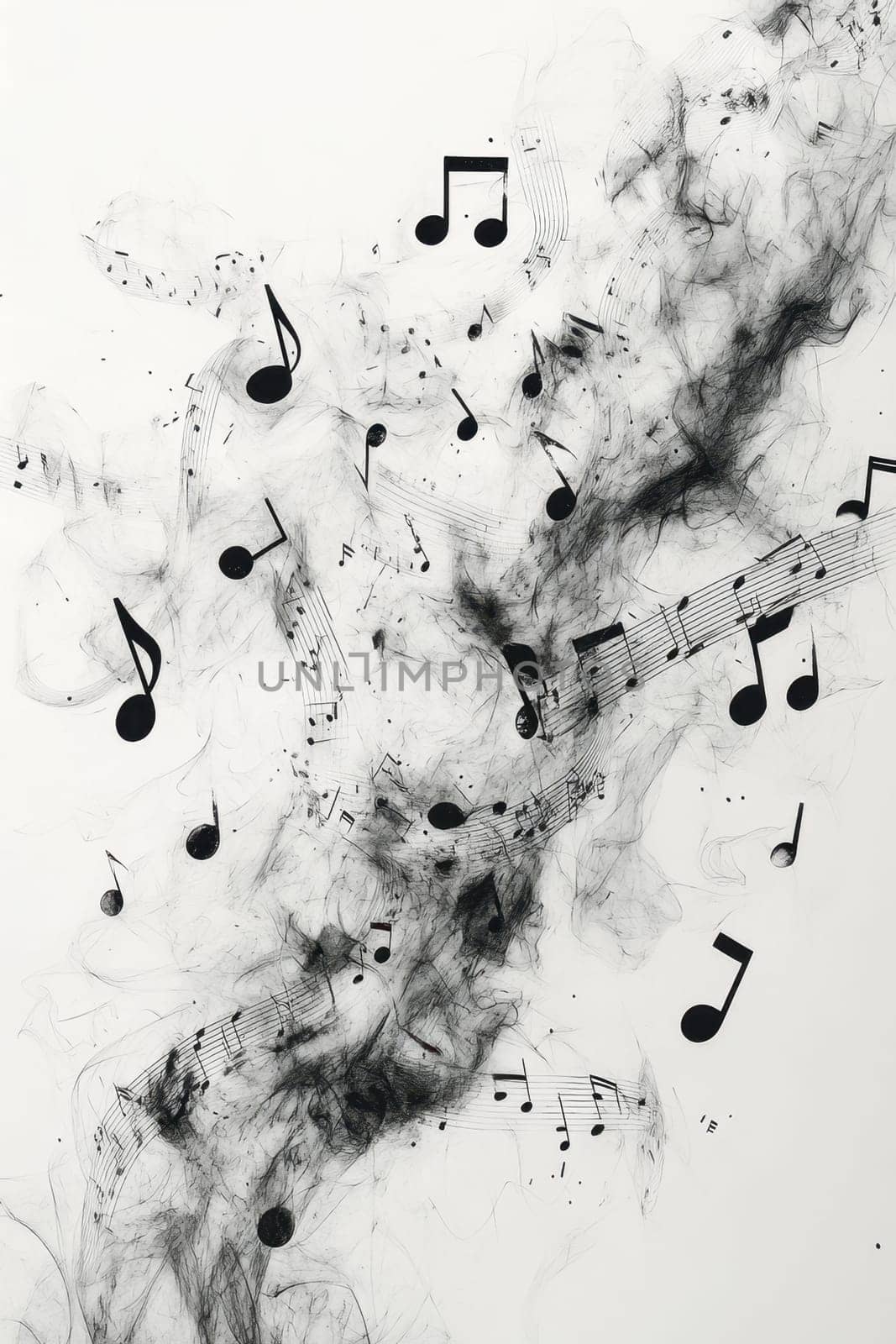 Musical notes in undulating motion flowing into sounds on a white background.