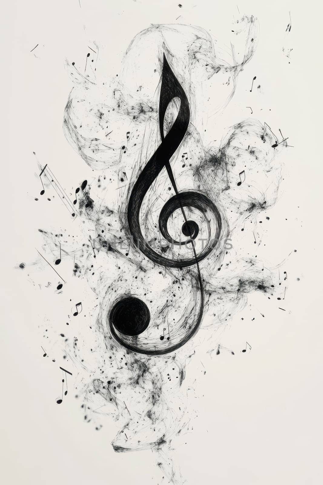 Musical notes with violin key flowing into sounds on a white background.
