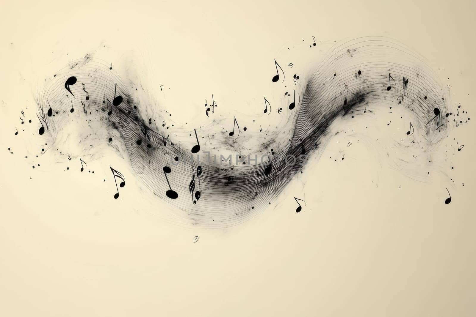 Musical notes in undulating motion flowing into sounds on a white background.