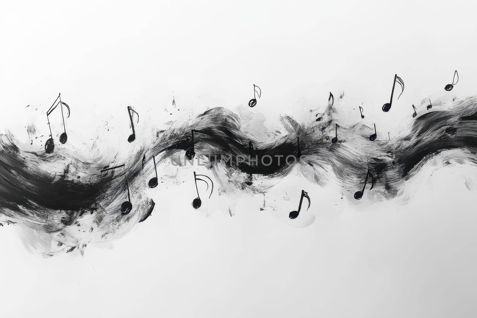 Musical notes in undulating motion flowing into sounds on a white background.