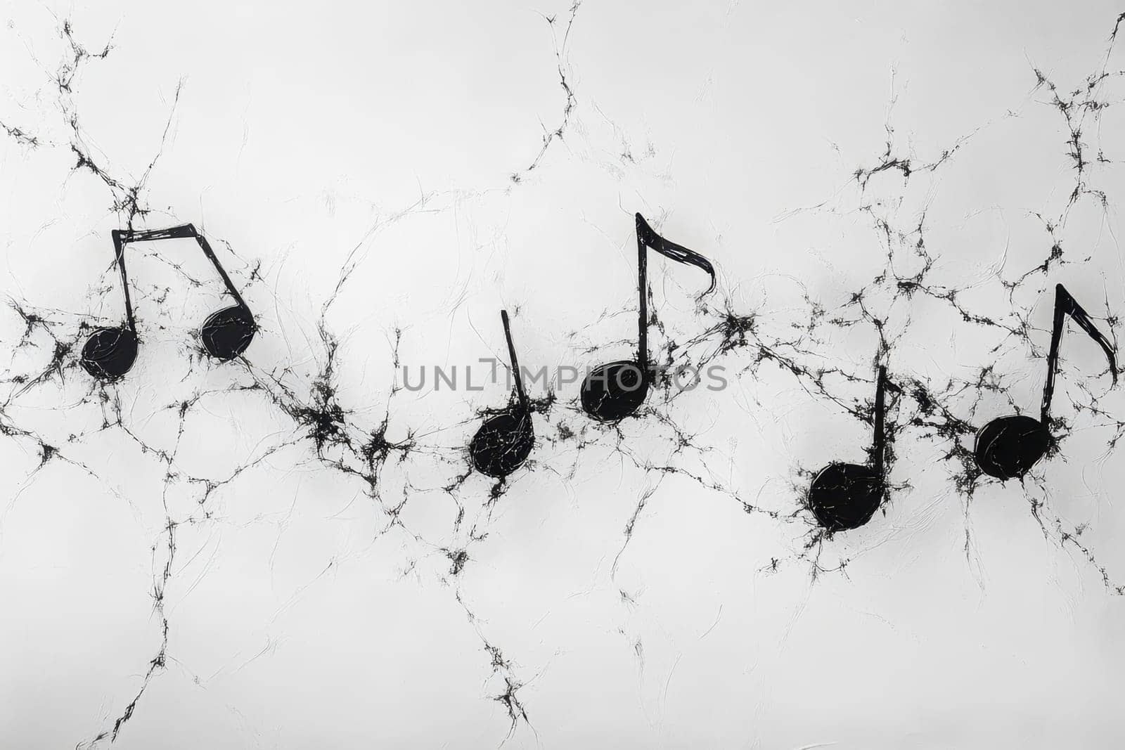 Musical notes in undulating motion flowing into sounds on a white background.