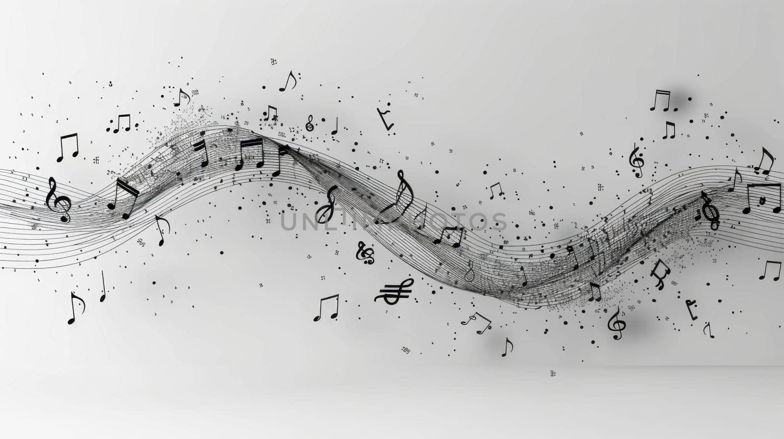 Musical notes in undulating motion flowing into sounds on a white background.