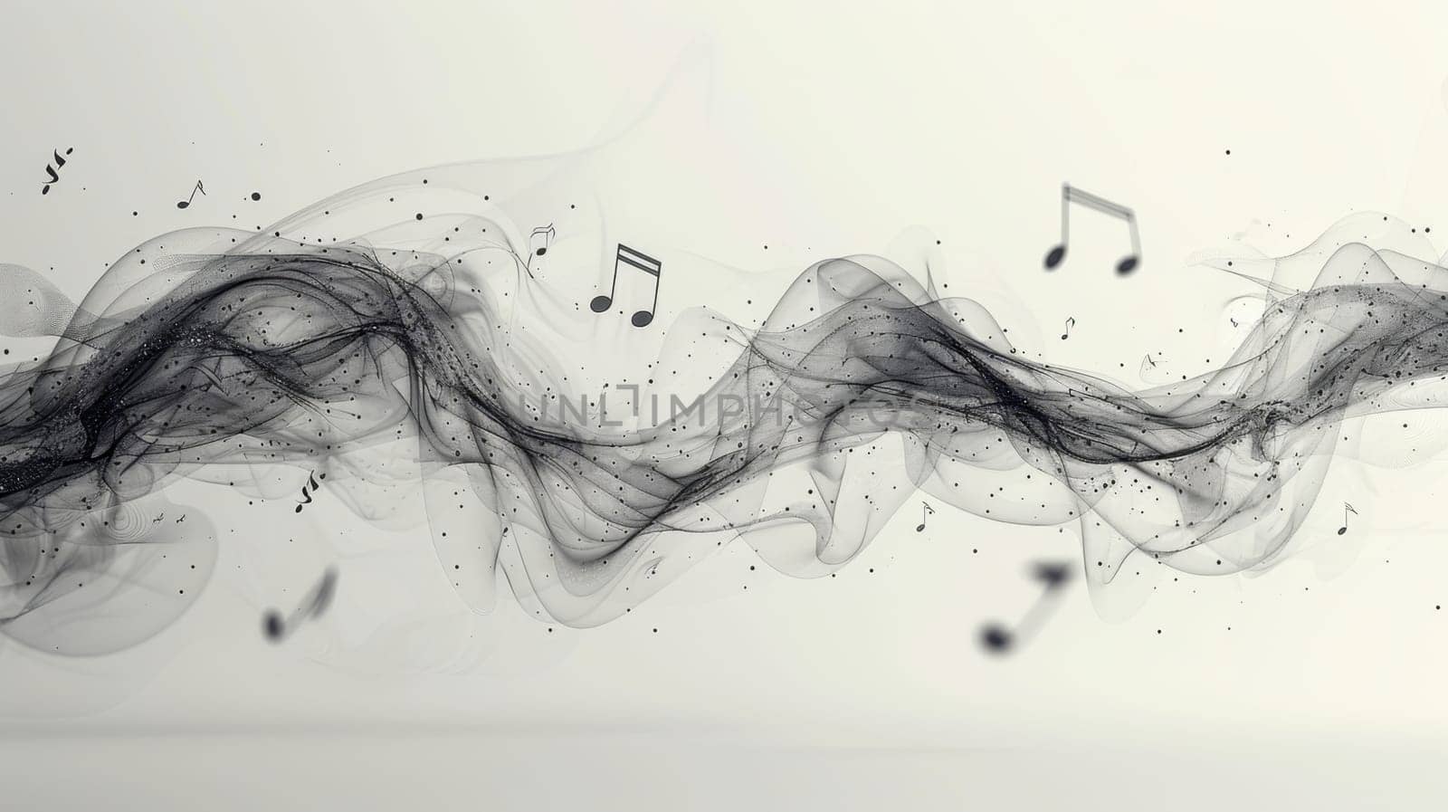 Musical notes in undulating motion flowing into sounds on a white background.