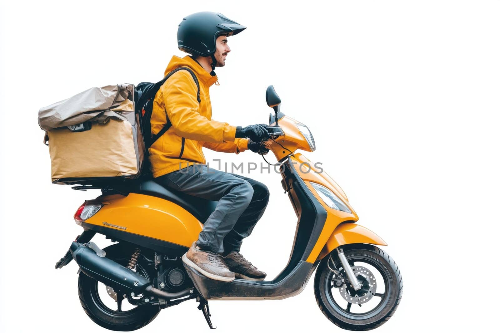 Courier on yellow scooter with box on white isolated background. Express parcel delivery service.