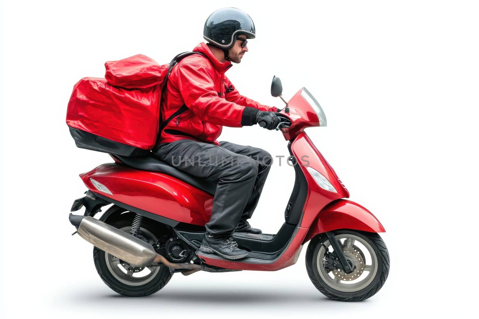 courier on a red scooter with a box on a white isolated background. express food delivery service from cafes and restaurants.